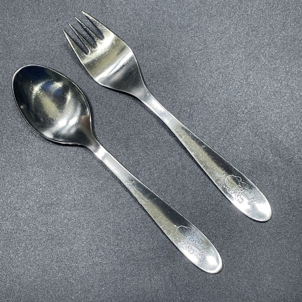 Vtg Stelton Baby Child Stainless Steel 18/8 Fork & Spoon Elephant Dumbo Denmark